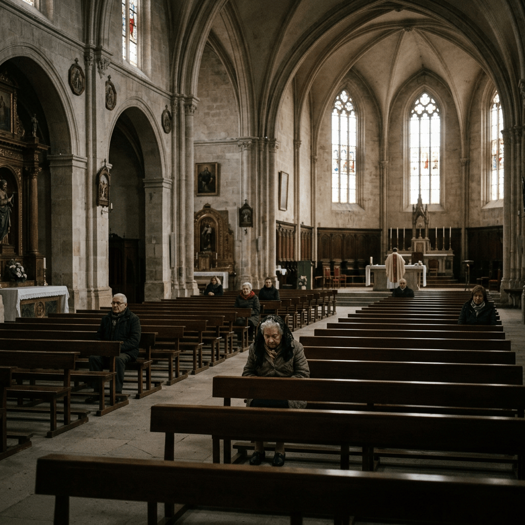 Visitors seated in a historic church with Gothic arches and stained-glass windows